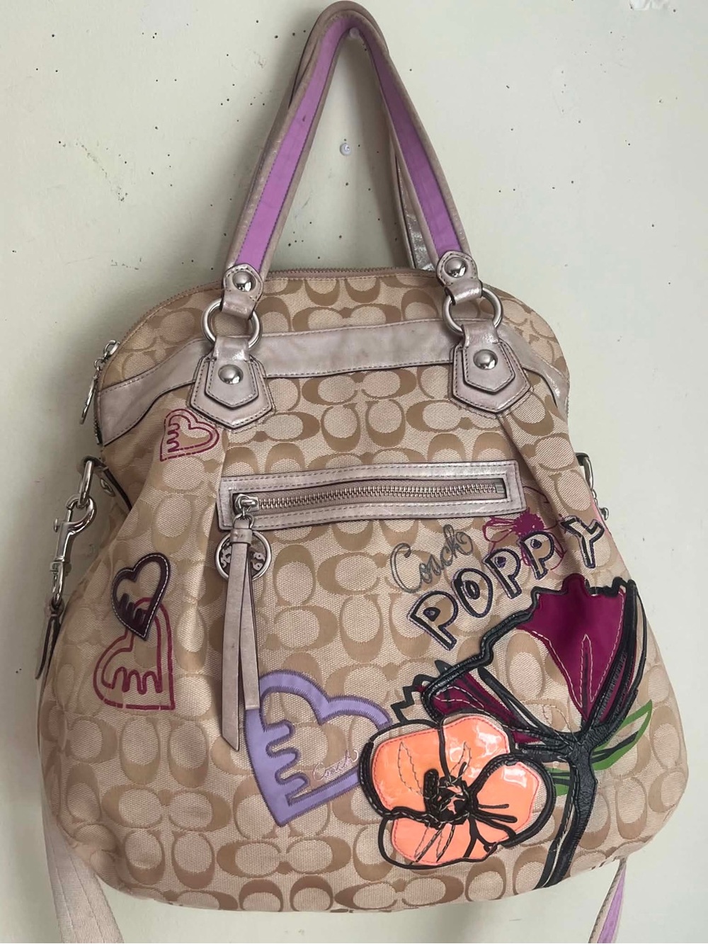 Coach Beige Signature Canvas Hobo with Pink and Purple Floral Accents - Picture 6 of 14